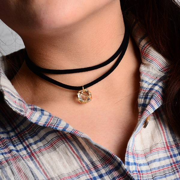 Black Double Layer Faux Suede Leather Choker Necklace Dimond Shape