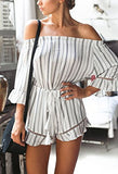 Women's Off shoulder Jumpsuit 3/4 Sleeve Striped Short Romper - Slim Wallet Company