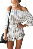 Women's Off shoulder Jumpsuit 3/4 Sleeve Striped Short Romper - Slim Wallet Company