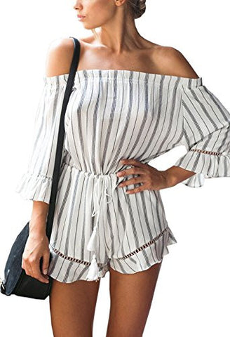 Women's Off shoulder Jumpsuit 3/4 Sleeve Striped Short Romper - Slim Wallet Company
