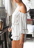 Women's Off shoulder Jumpsuit 3/4 Sleeve Striped Short Romper - Slim Wallet Company