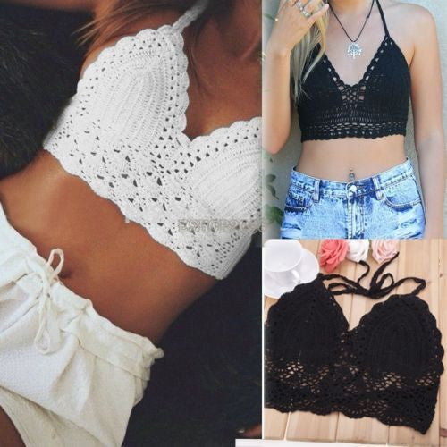 Womens Bralette Halter Neck Crop Top Knit Crochet Cami Summer Bikini Blouse Bra - Slim Wallet Company