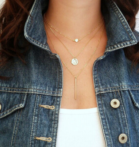 Fashion Geometry Charms Crystal  3 Layers Gold Sliver Color Pick Chain Necklace Women Jewelry Free Shipping - Slim Wallet Company