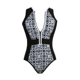 One Piece Black and White Monokini  Swimsuit  Print Zipper Front Plus Size Swimwear - Slim Wallet Company