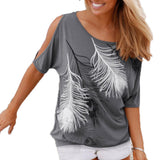 Loose fit Summer Feather Off Shoulder Tee - Slim Wallet Company