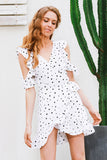 Ruffle cold shoulder polka-dot print summer dress - Slim Wallet Company