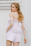 White bow stripe elegant jumpsuit romper Off shoulder two piece suit overalls Sexy summer beach playsuit women outfit - Slim Wallet Company