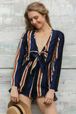Bow striped women jumpsuit romper Summer style long sleeve party overalls Fashion club playsuits leotard - Slim Wallet Company