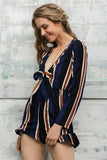 Bow striped women jumpsuit romper Summer style long sleeve party overalls Fashion club playsuits leotard - Slim Wallet Company