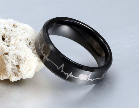 Pure Tungsten Carbide Wedding Ring Black Electrocardiogram - Slim Wallet Company