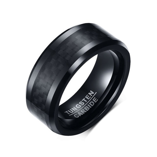 Black Tungsten Carbide and Carbon Fiber Bevel Edge Ring - Slim Wallet Company