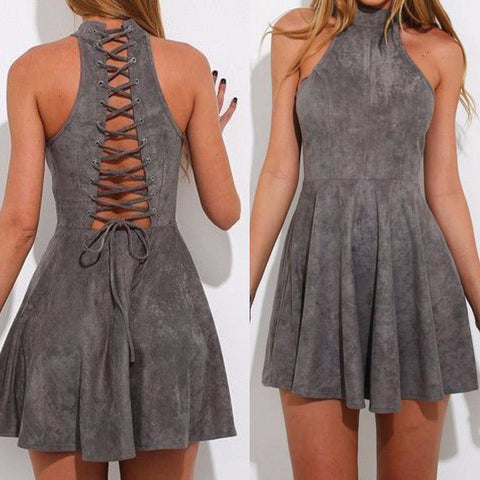 Backless Summer Sleeveless Fit Flare Dress Gray Halter - Slim Wallet Company