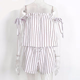 White bow stripe elegant jumpsuit romper Off shoulder two piece suit overalls Sexy summer beach playsuit women outfit - Slim Wallet Company