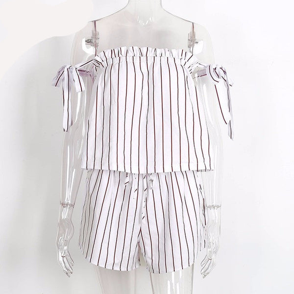 White bow stripe elegant jumpsuit romper Off shoulder two piece suit overalls Sexy summer beach playsuit women outfit - Slim Wallet Company