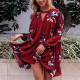 Boho loose fit dress Casual lantern sleeve floral short dress - Slim Wallet Company