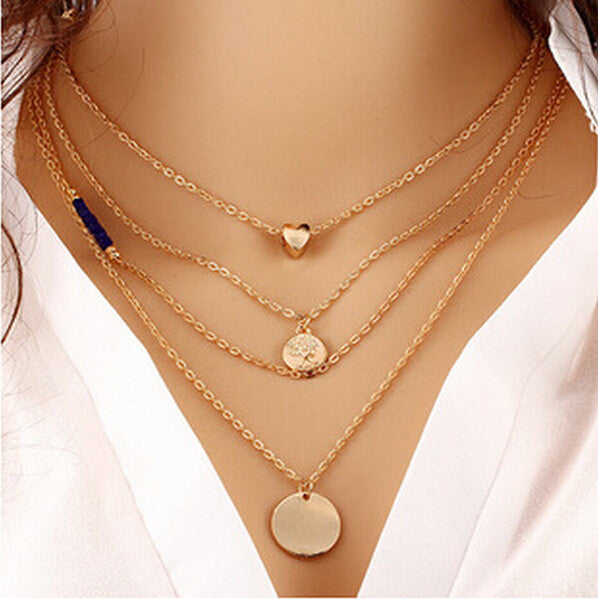 2016 Simple Fashion Jewelry Collares Gold Multi Layer Necklace Sexy Love Heart Gold Circular Sequin Bead Pendant Necklace W90 - Slim Wallet Company