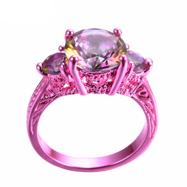 Pink Gold Round Mystic Rainbow Zircon Rings - Slim Wallet Company