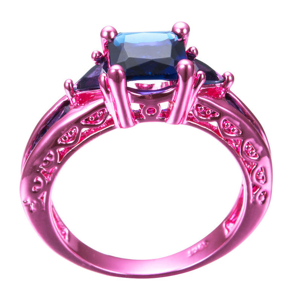 Pink Gold Princess Cut Blue Cubic Zirconia Ring - Slim Wallet Company