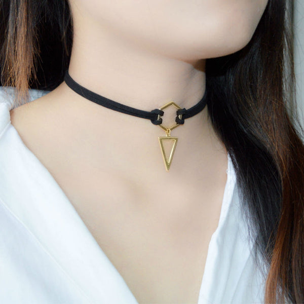 2016 New Trend Hot Fashion Black Leather Choker Necklace Wrap Gold Plated Geometry With Triangle Pendant For Women Girls - Slim Wallet Company