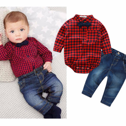 New red plaid shirts+jeans baby boys clothes baby clothing set - Slim Wallet Company