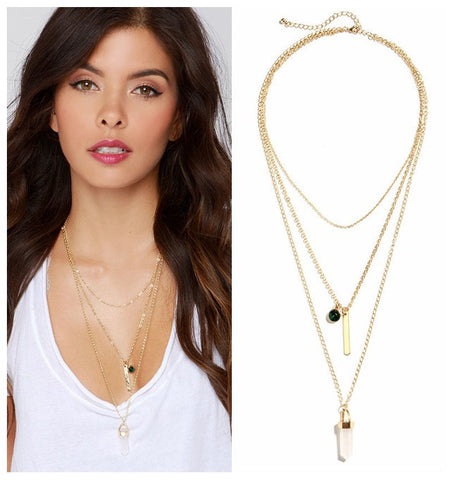 Rose Quartz Stone Pendant Multi Layer Necklace Gold Plated Women 2016 High Quality Personality Summer Fashion Necklace Jewelry - Slim Wallet Company
