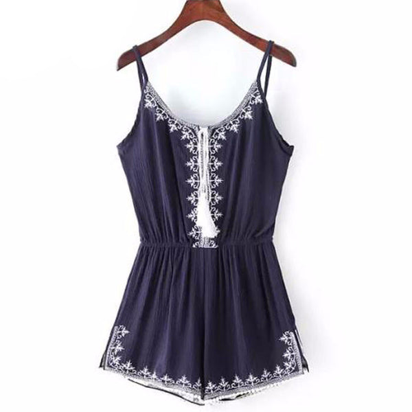 Embroidery Navy Cotton Printed Romper - Slim Wallet Company