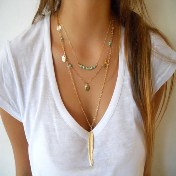 2016 New Boho Simple Chain Gold/Silver Plated Tassels Turquoise Feather Pendant Multi Layer Necklace Fine Jewelry For Women - Slim Wallet Company
