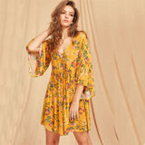 Lace Up Plunge Neck Golden Flare Dress - Slim Wallet Company