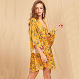 Lace Up Plunge Neck Golden Flare Dress - Slim Wallet Company