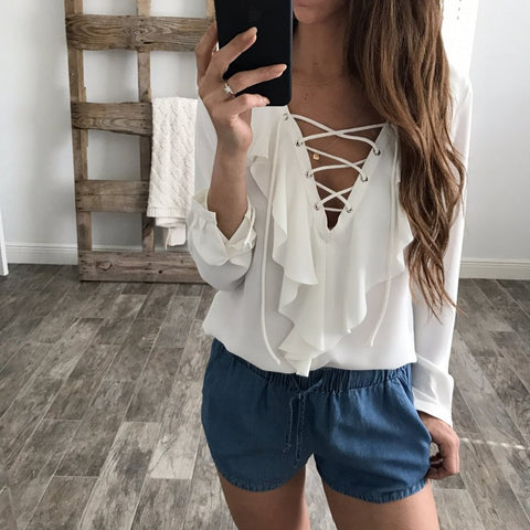 Ruffled Lace Up Summer Blouse - Slim Wallet Company