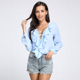 Ruffled Lace Up Summer Blouse - Slim Wallet Company