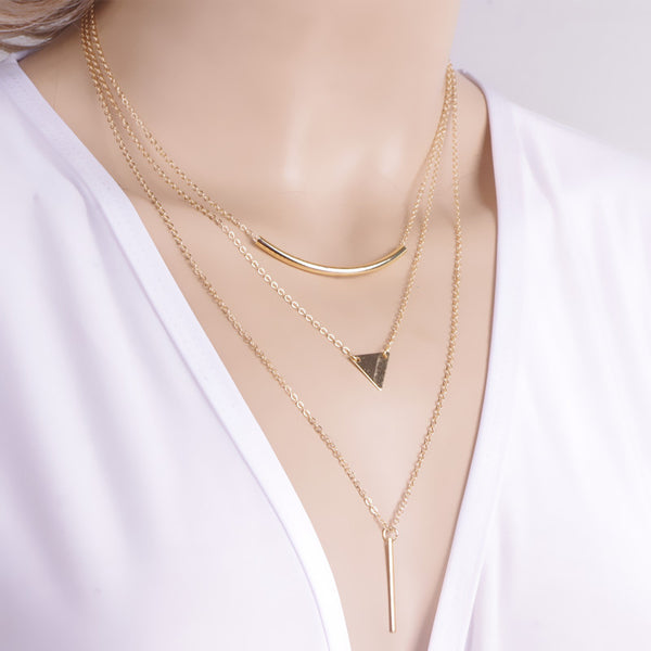New Fashion Multi layer Geometric Designed Gold Silver Bar Stick Triangle Chain Choker Necklace Pendant  2L3013 - Slim Wallet Company