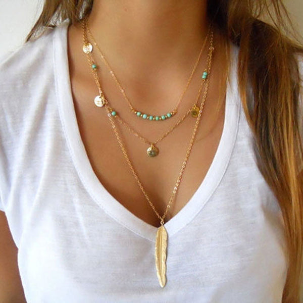 DIY Jewelry New Fashion Turquoise Beads Glaze Necklaces Leaf  3 Layer Necklace multilayer Necklaces for women SN671 - Slim Wallet Company