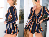 Bow striped women jumpsuit romper Summer style long sleeve party overalls Fashion club playsuits leotard - Slim Wallet Company