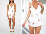 Strap white lace elegant jumpsuit romper Sexy backless chiffon summer playsuit Women boho floral short overalls - Slim Wallet Company