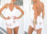 Strap white lace elegant jumpsuit romper Sexy backless chiffon summer playsuit Women boho floral short overalls - Slim Wallet Company