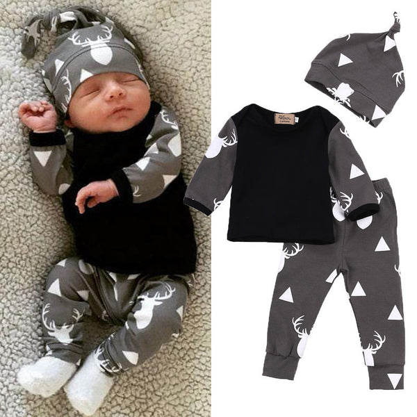 Cute Newborn Baby Girl Boy Clothes Deer Tops T-shirt Long Sleeve + Pants Casual Hat Cap 3pcs Outfits Set - Slim Wallet Company