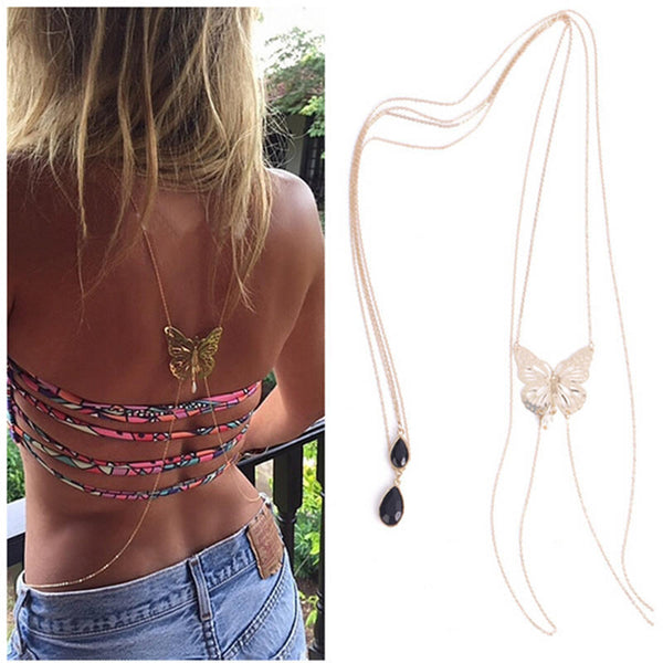 Hot Sexy Bikini Long Necklace Body Chain Bare Back Gold Butterfly Pendant Body Jewelry NE147 - Slim Wallet Company