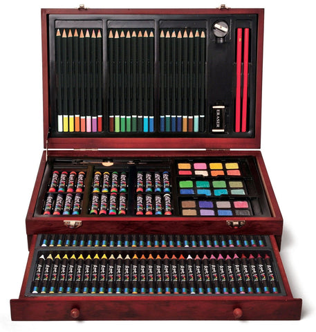 NEW Art Set 142 Piece Artist Kit Pencils Pastels Watercolor Wood Drawing Case - Slim Wallet Company